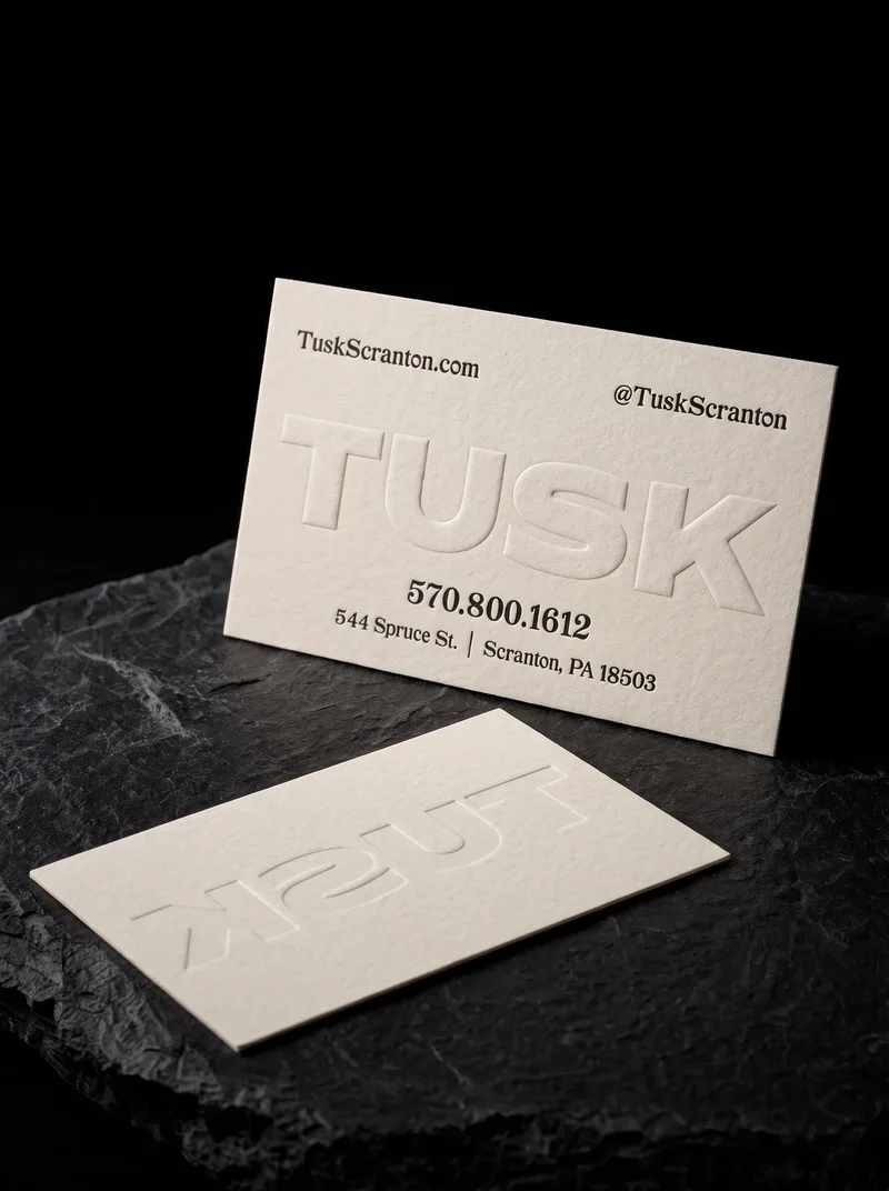 Off-white cotton business card with a large blind-embossed name and small black letterpress type