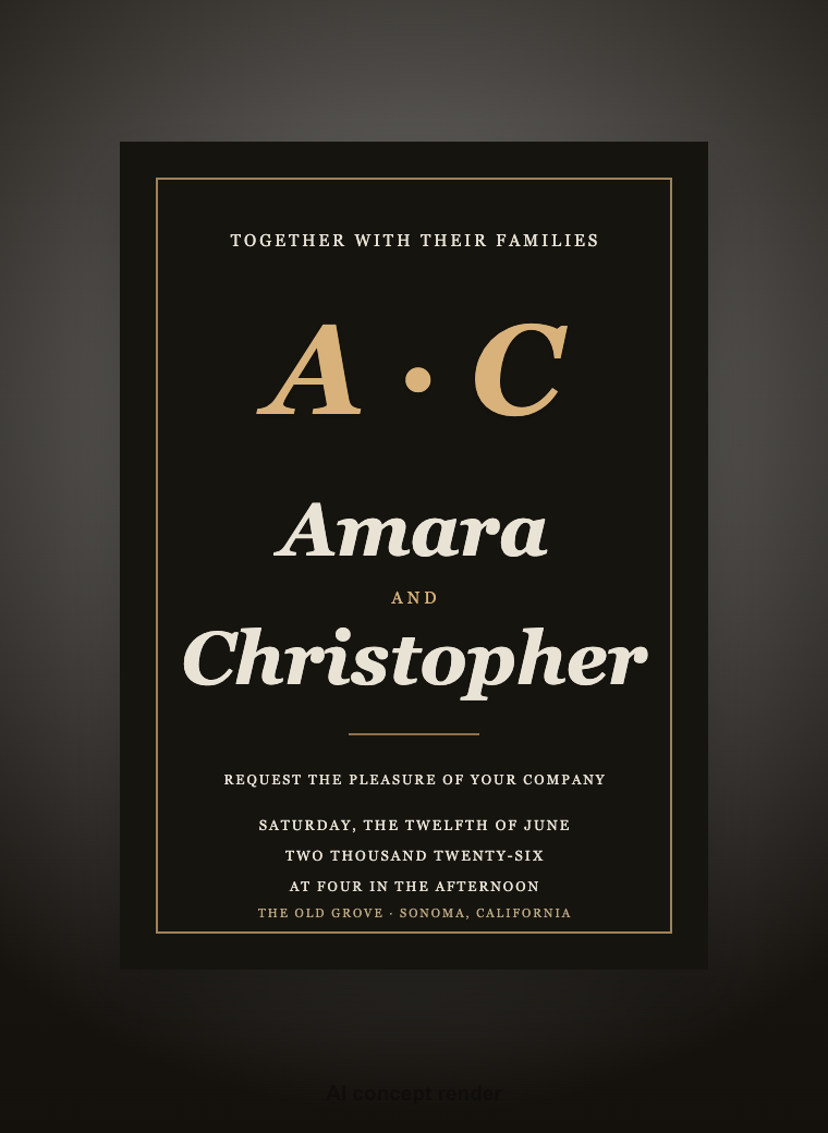 The Sonoma Suite wedding invitation concept — Gold foil on black · duplex