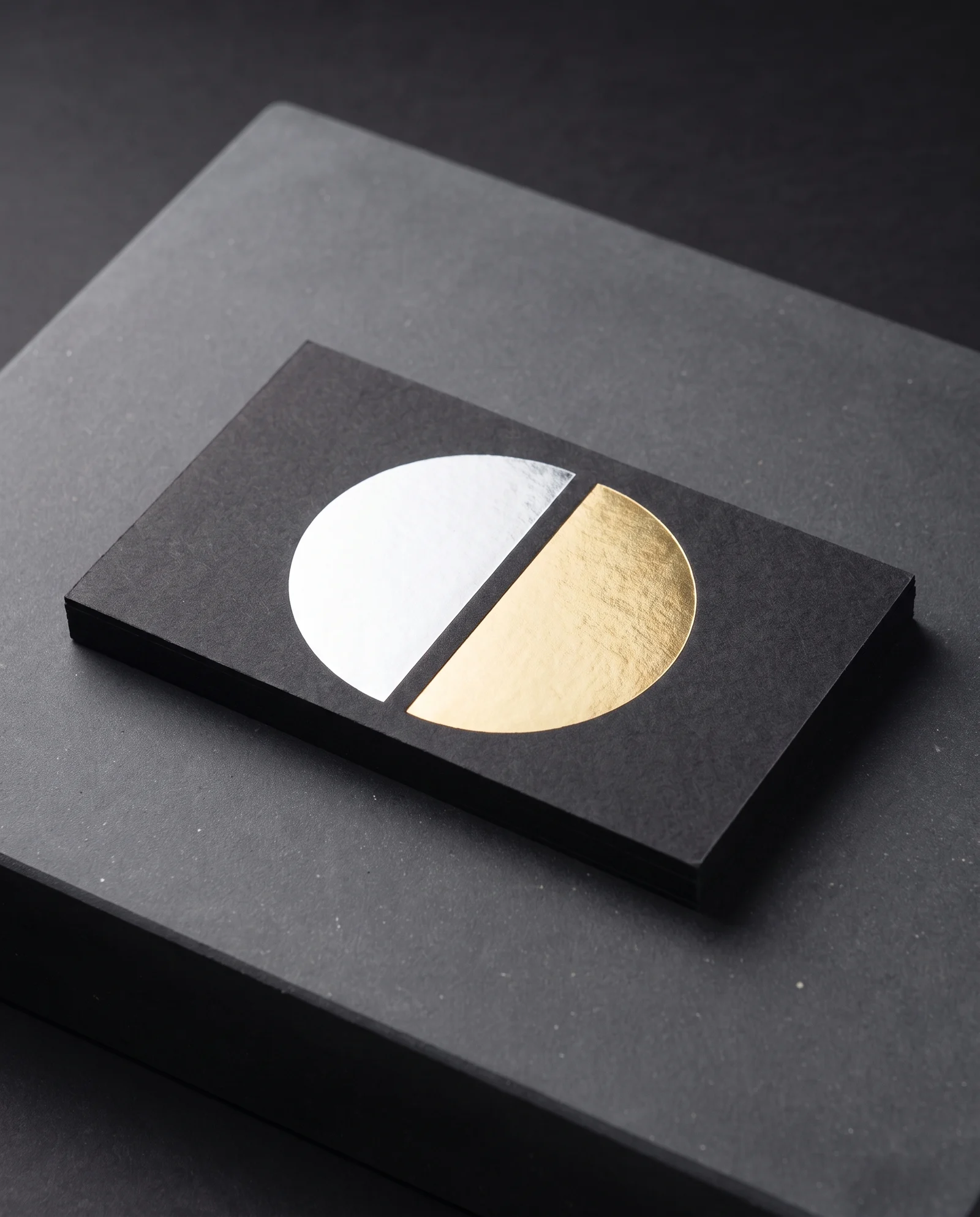 Silver and gold foil shapes with a deliberate gap between them on black cotton.