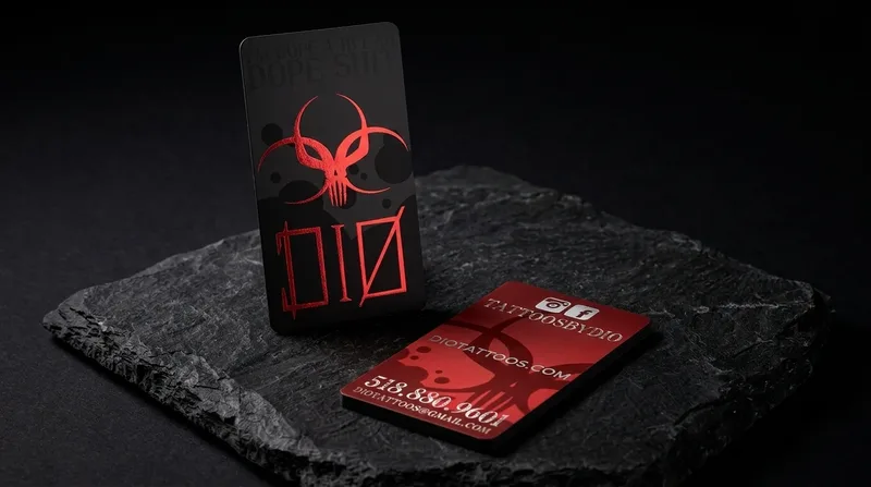 Portrait tattoo business card with a horned skull and DIO lettering in mirror red foil on soft-touch black