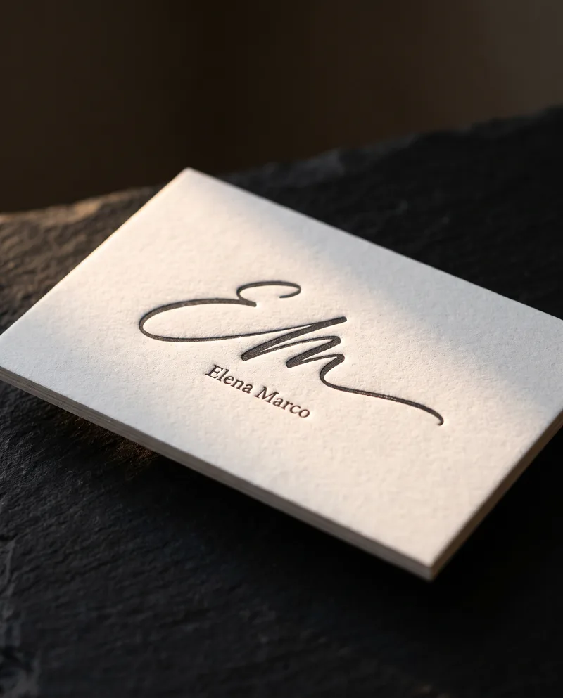 Thick white cotton business card with charcoal letterpress calligraphic brushstroke, grazing light showing impression