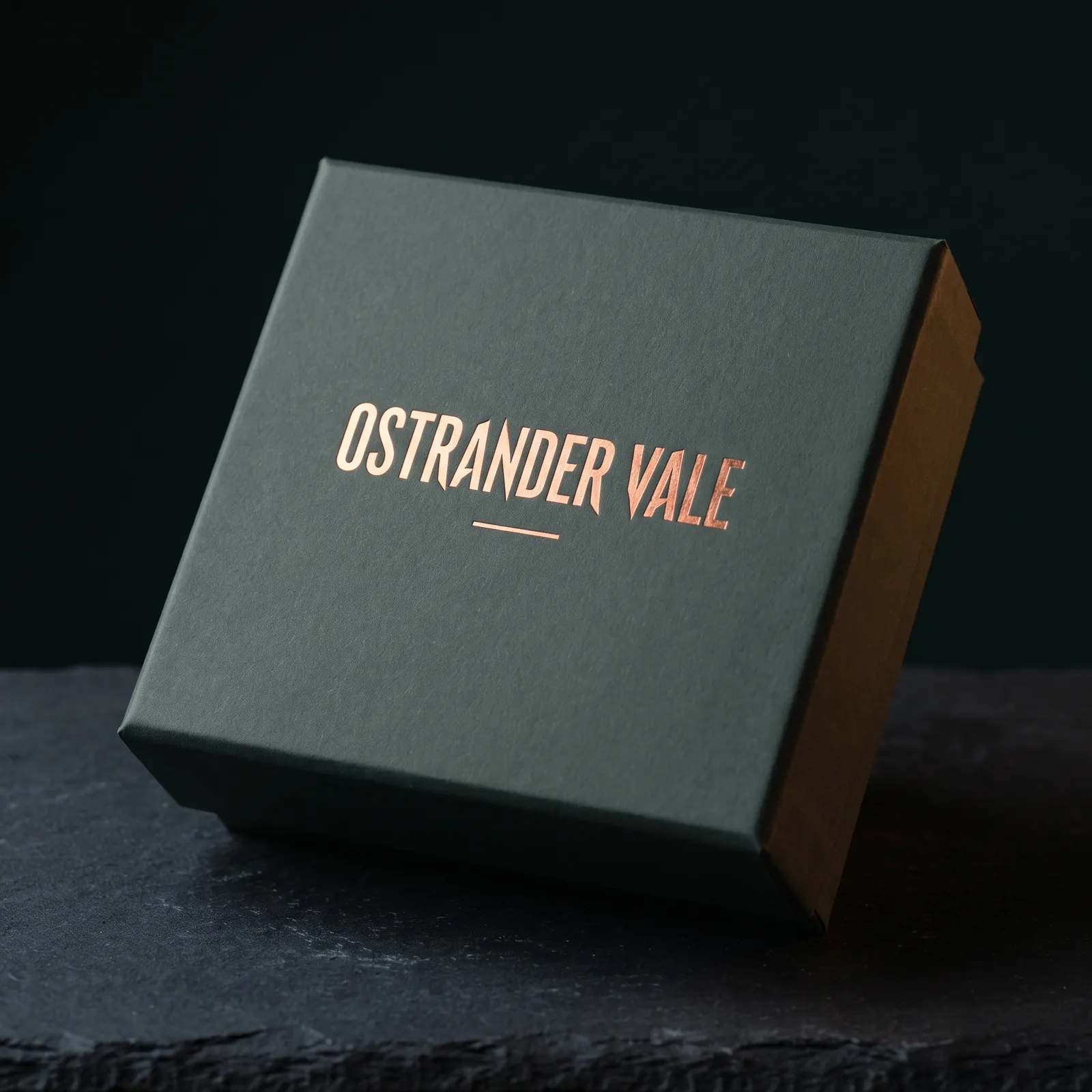 Copper foil display wordmark on a dark rigid box lid, a Studio design exploration