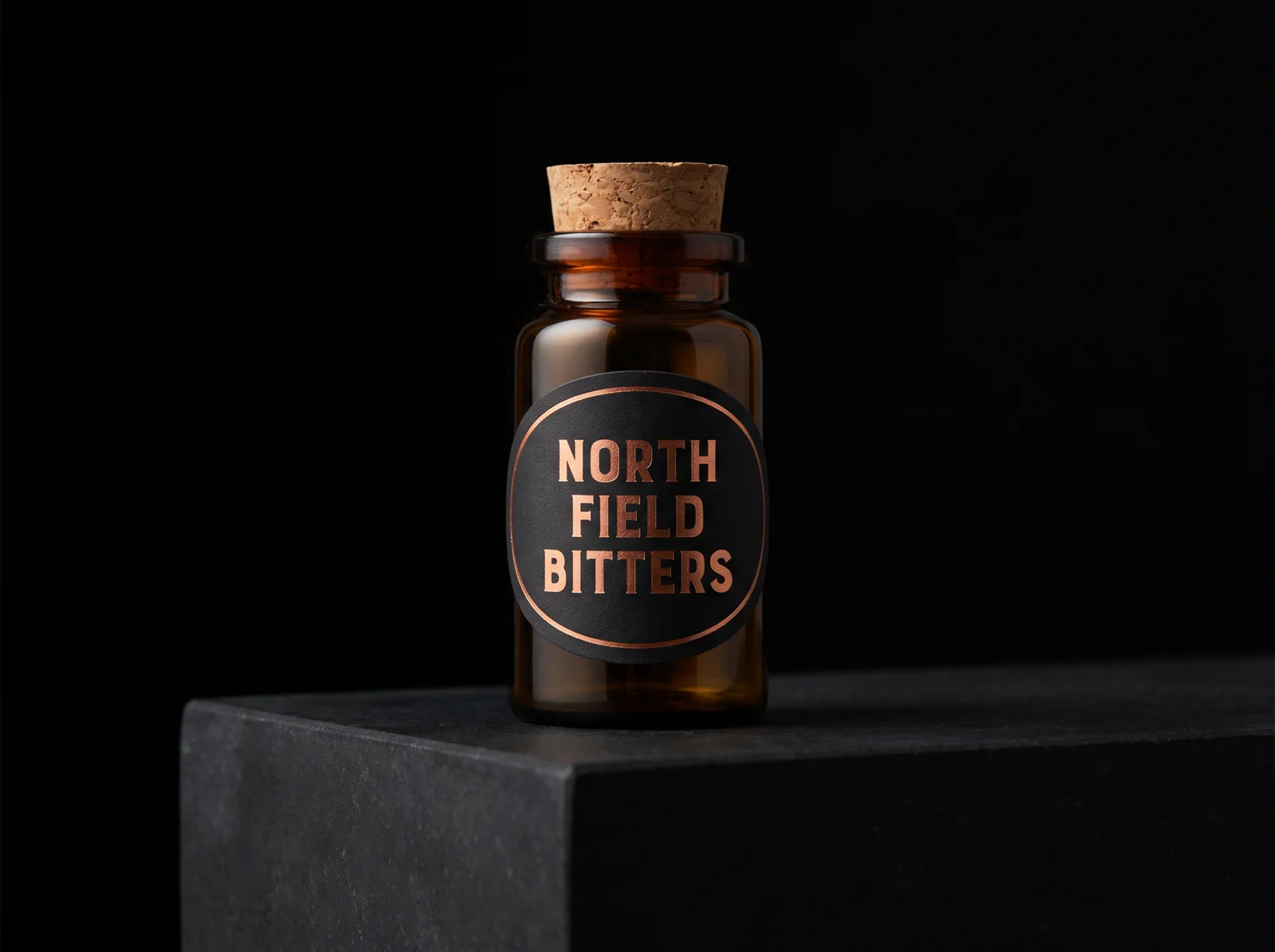 Amber apothecary bottle with an oval black label stamped in copper foil