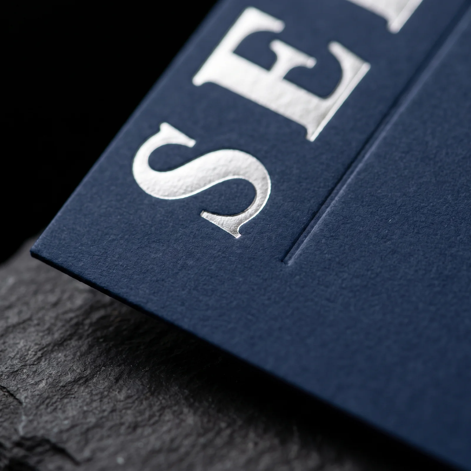 Close-up of silver foil lettering stamped into navy cotton paper next to a blind-debossed rule