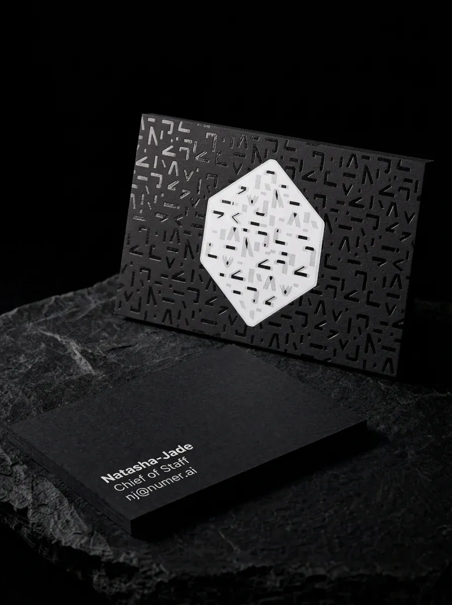 Numerai business cards: black foil glyph pattern and white pigment foil on 48pt black stock