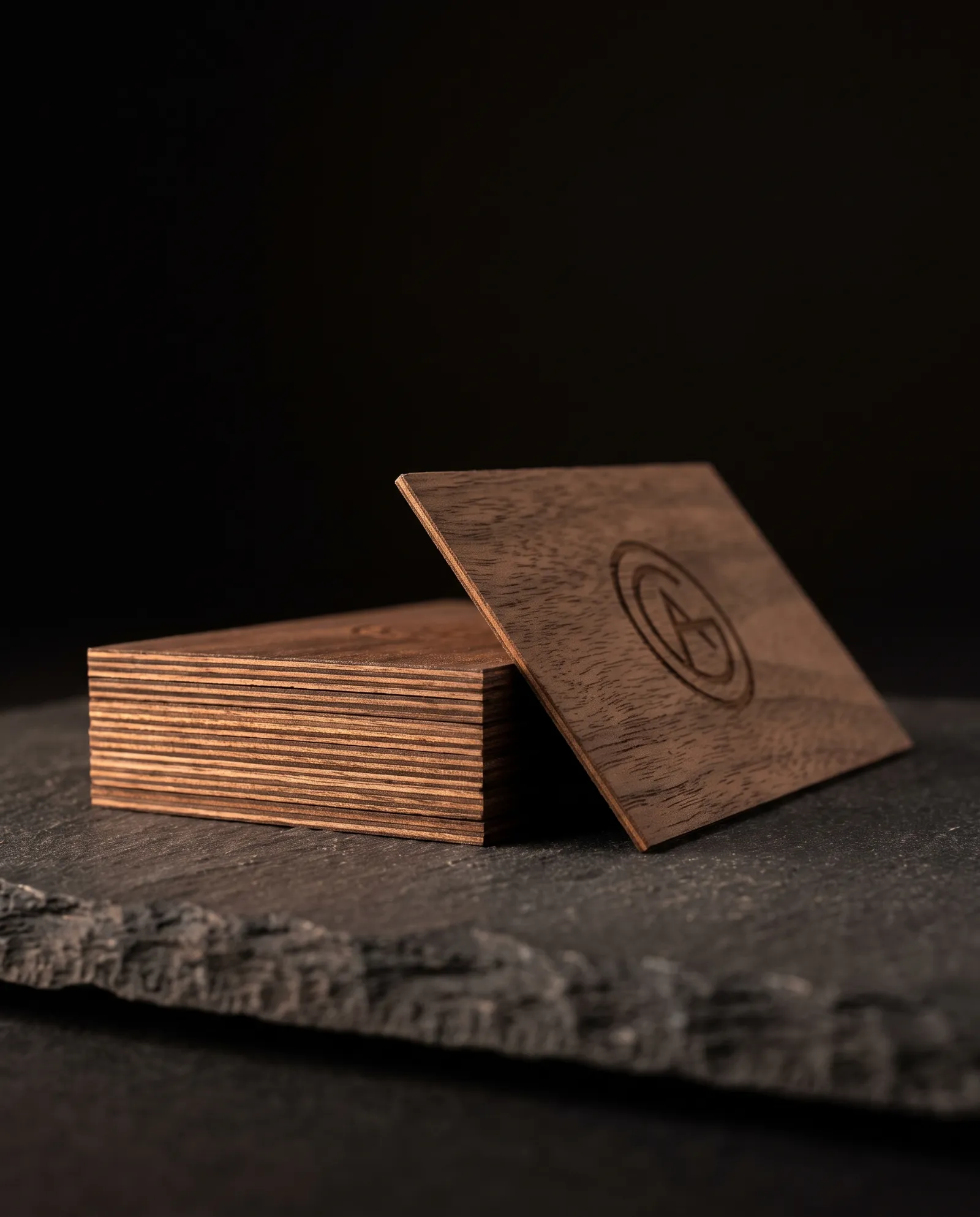A short stack of walnut business cards seen edge-on, with one engraved card leaning against it.
