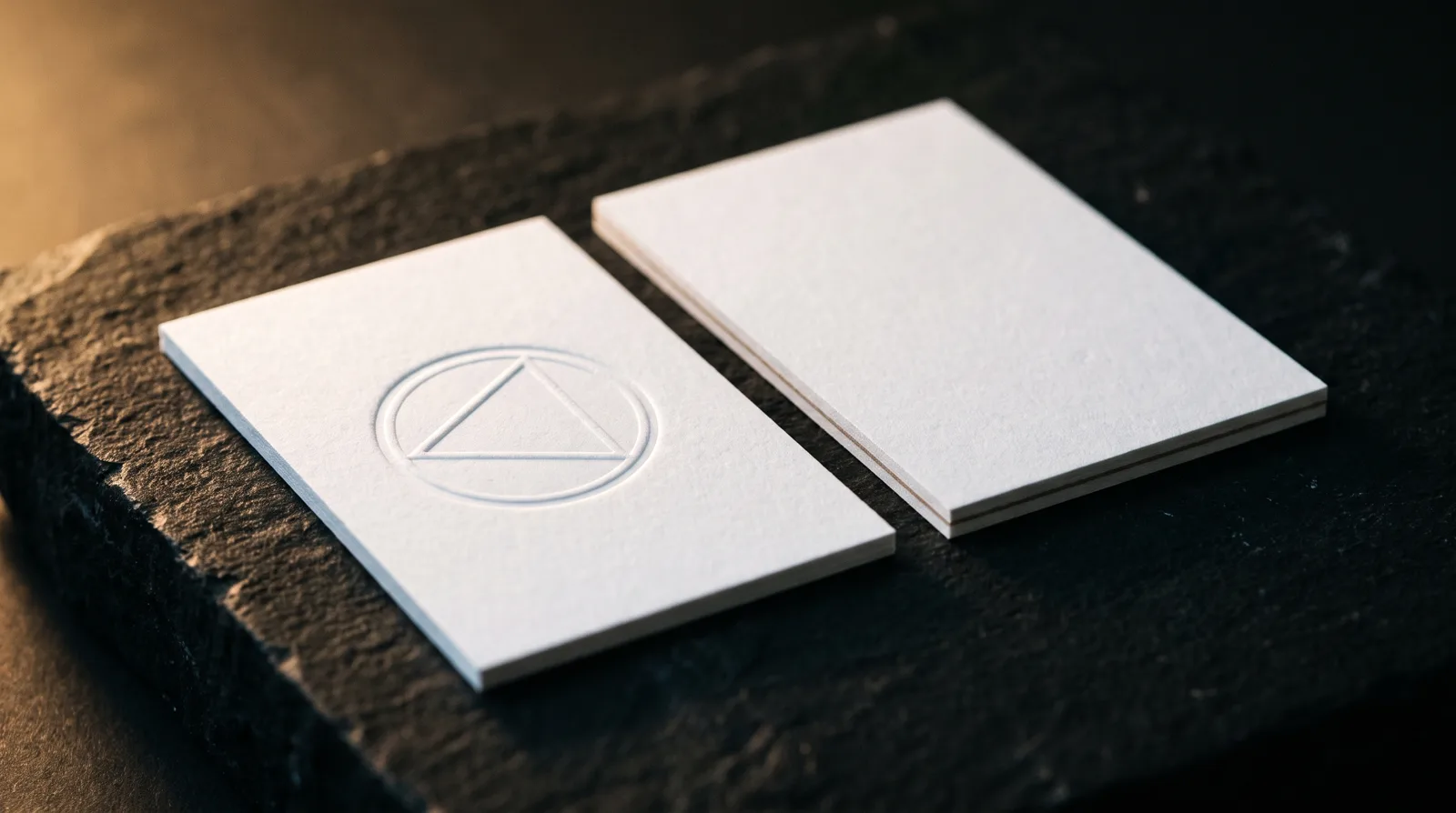 Backs of two white cotton cards: emboss hollow on single ply, clean duplex with edge seam