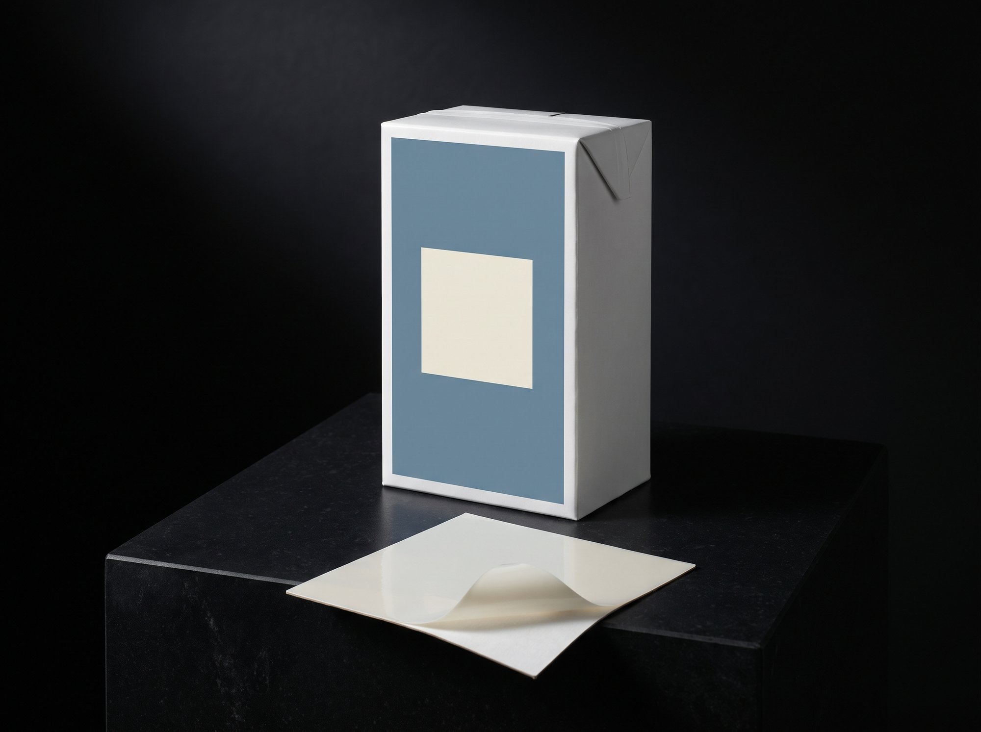 A dusty-blue aseptic brick with a cut piece of its laminate showing a pale, non-metallic inside.