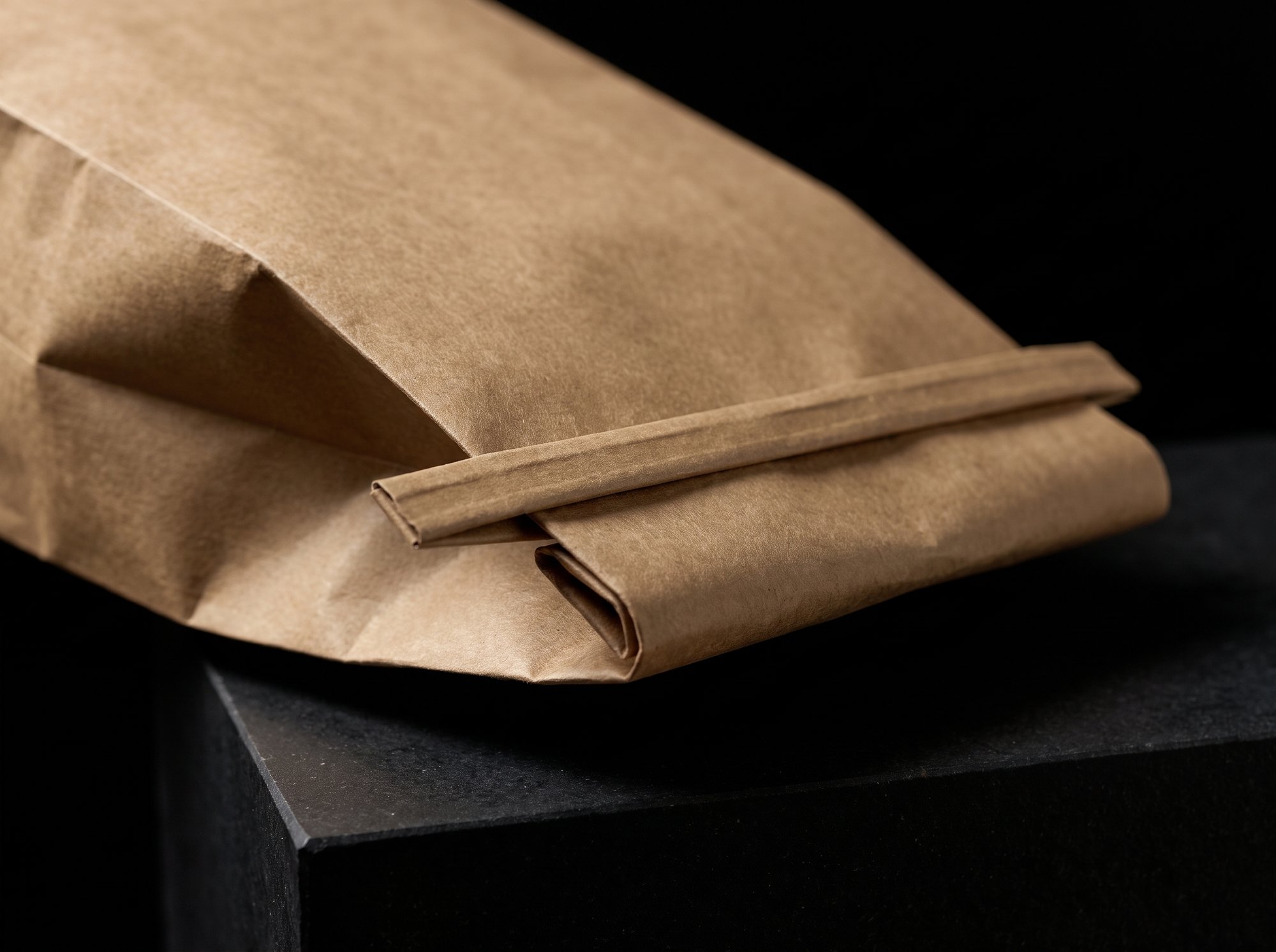 The rolled-down top of a kraft coffee bag held closed by a paper-covered tin tie.