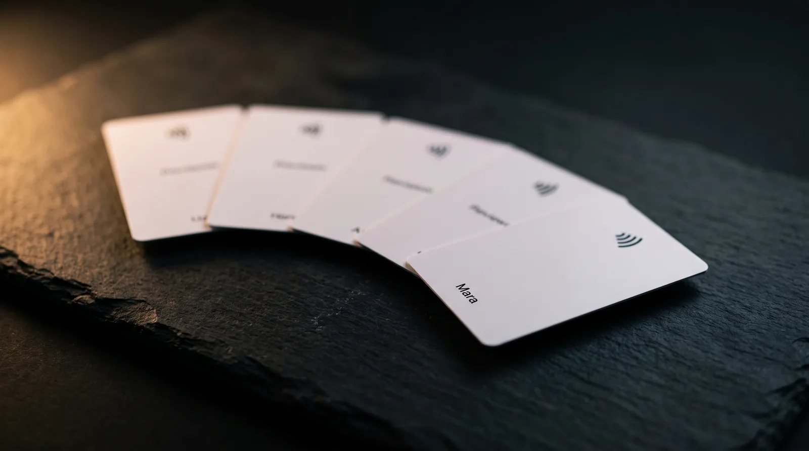 Five matching white NFC review cards fanned on slate, each with a different staff first name printed on the back