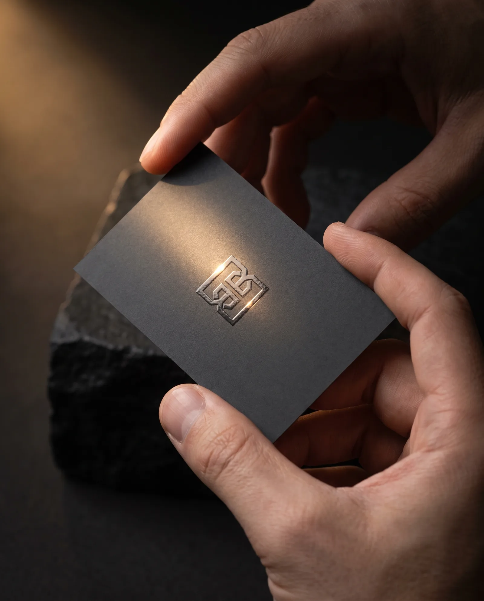 Hands tilting charcoal soft-touch business card so a raised clear gloss monogram flashes