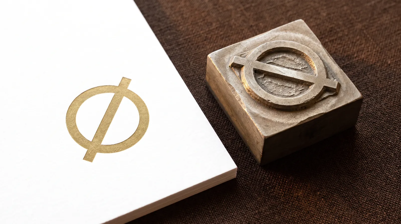 An etched metal foil stamping die, its raised ring-and-bar relief mirrored, lying beside the white cotton card it stamped in matte gold foil.