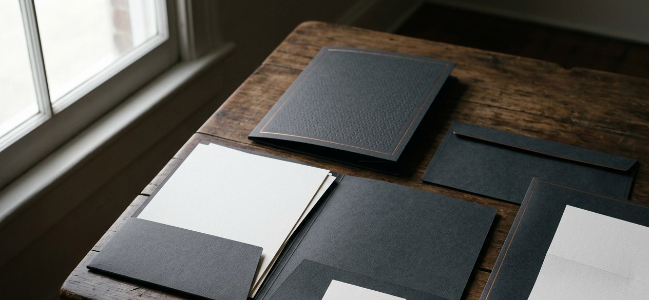 Conceptual unbranded pocket folder and stationery arrangement