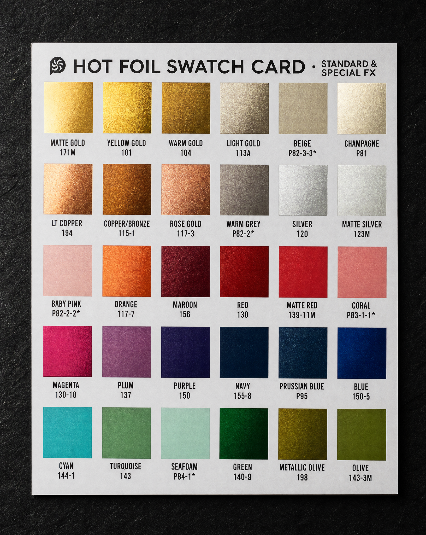 Standard front — top-down flat, whole card — Print Peppermint house hot-foil swatch card