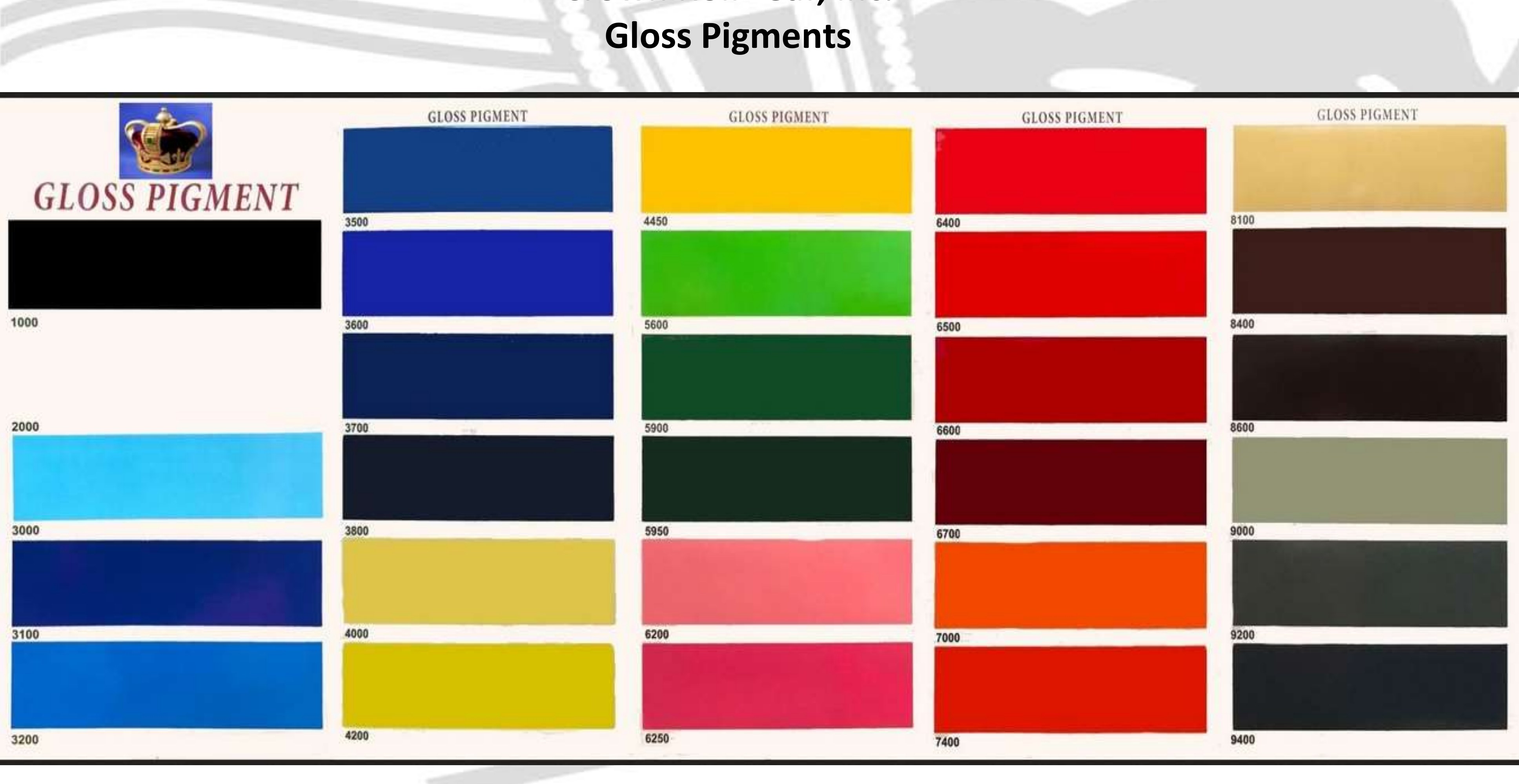 Crown Roll Leaf Gloss Pigments colour card, showing all 29 numbers stamped on foil