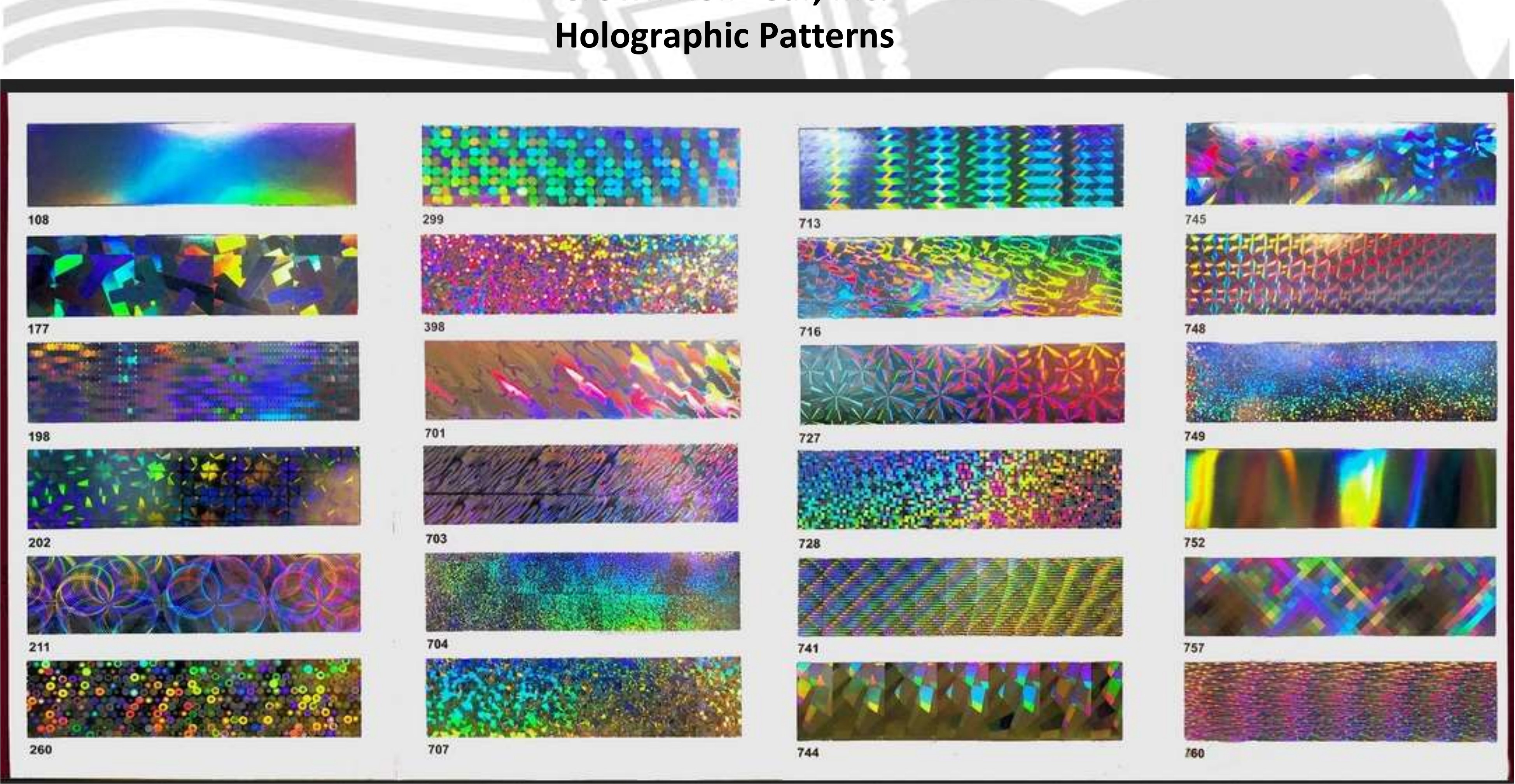 Crown Roll Leaf Holographic Patterns colour card, showing all 24 numbers stamped on foil
