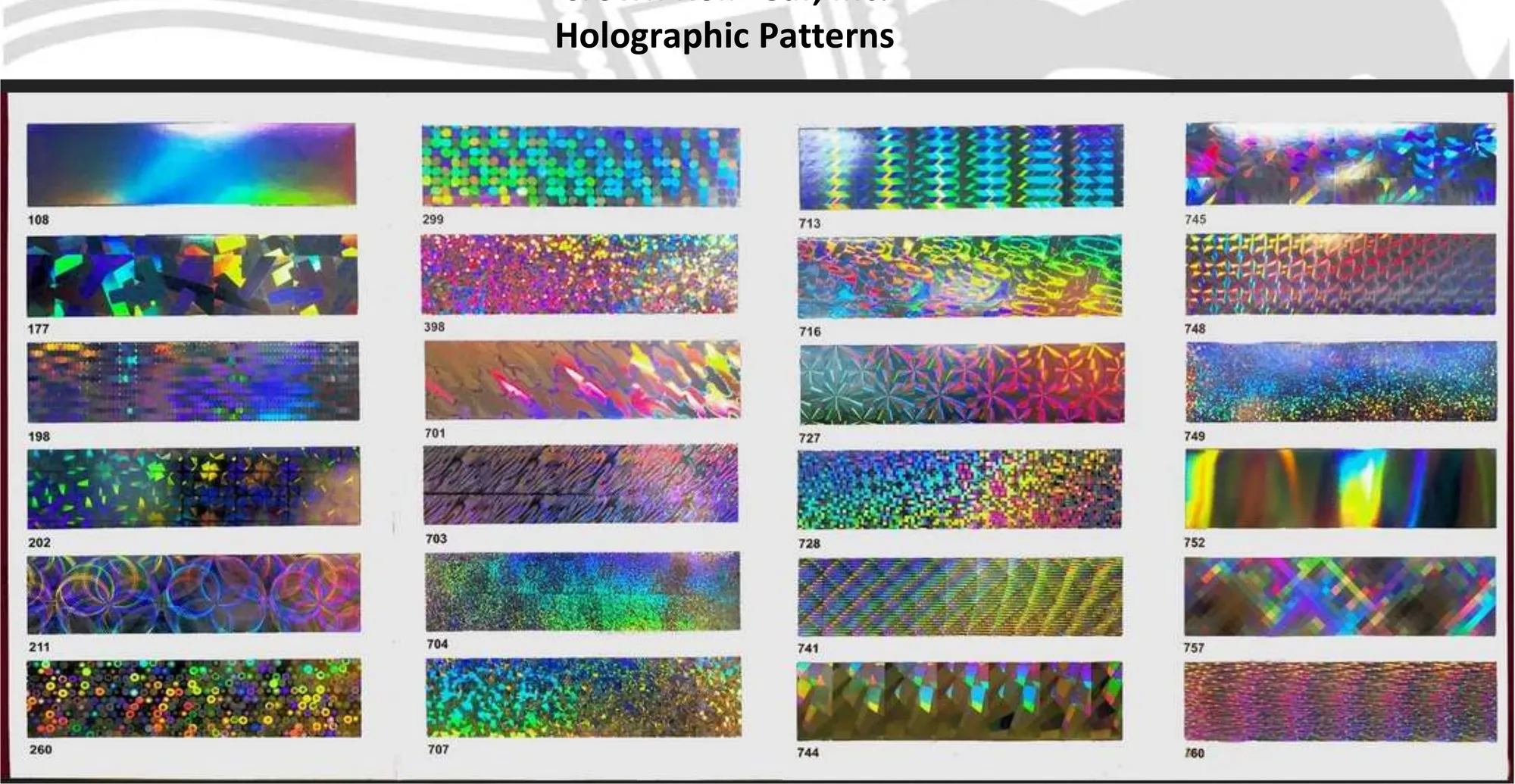 Crown Roll Leaf Holographic Patterns colour card, showing all 24 numbers stamped on foil