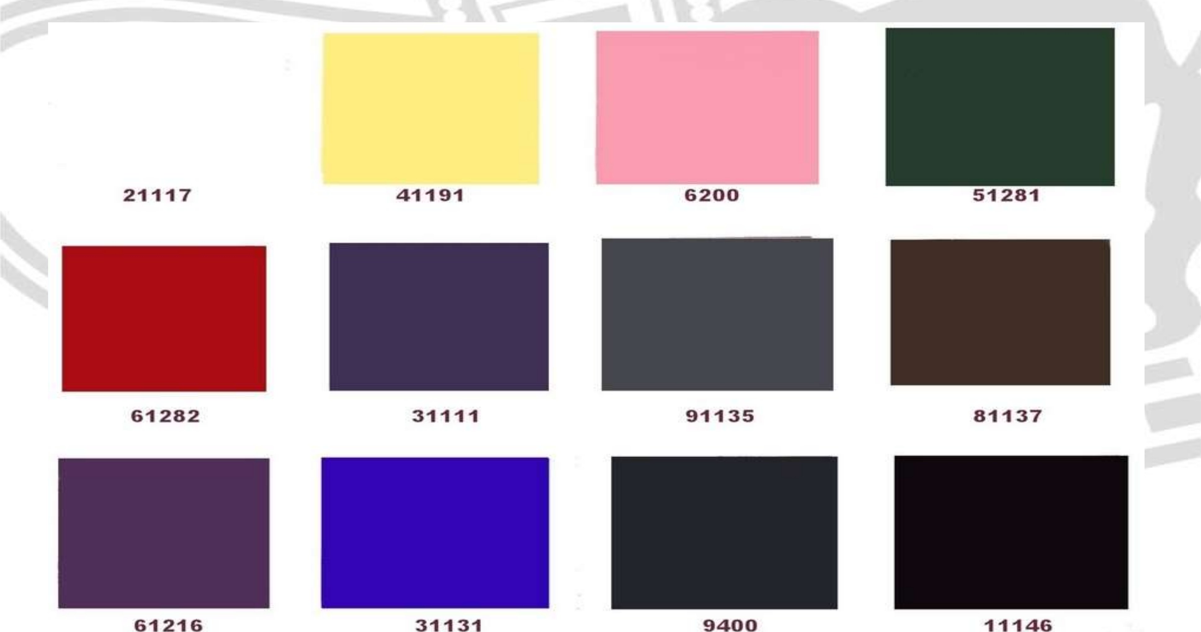 Crown Roll Leaf Matte Pigments colour card, showing all 12 numbers stamped on foil