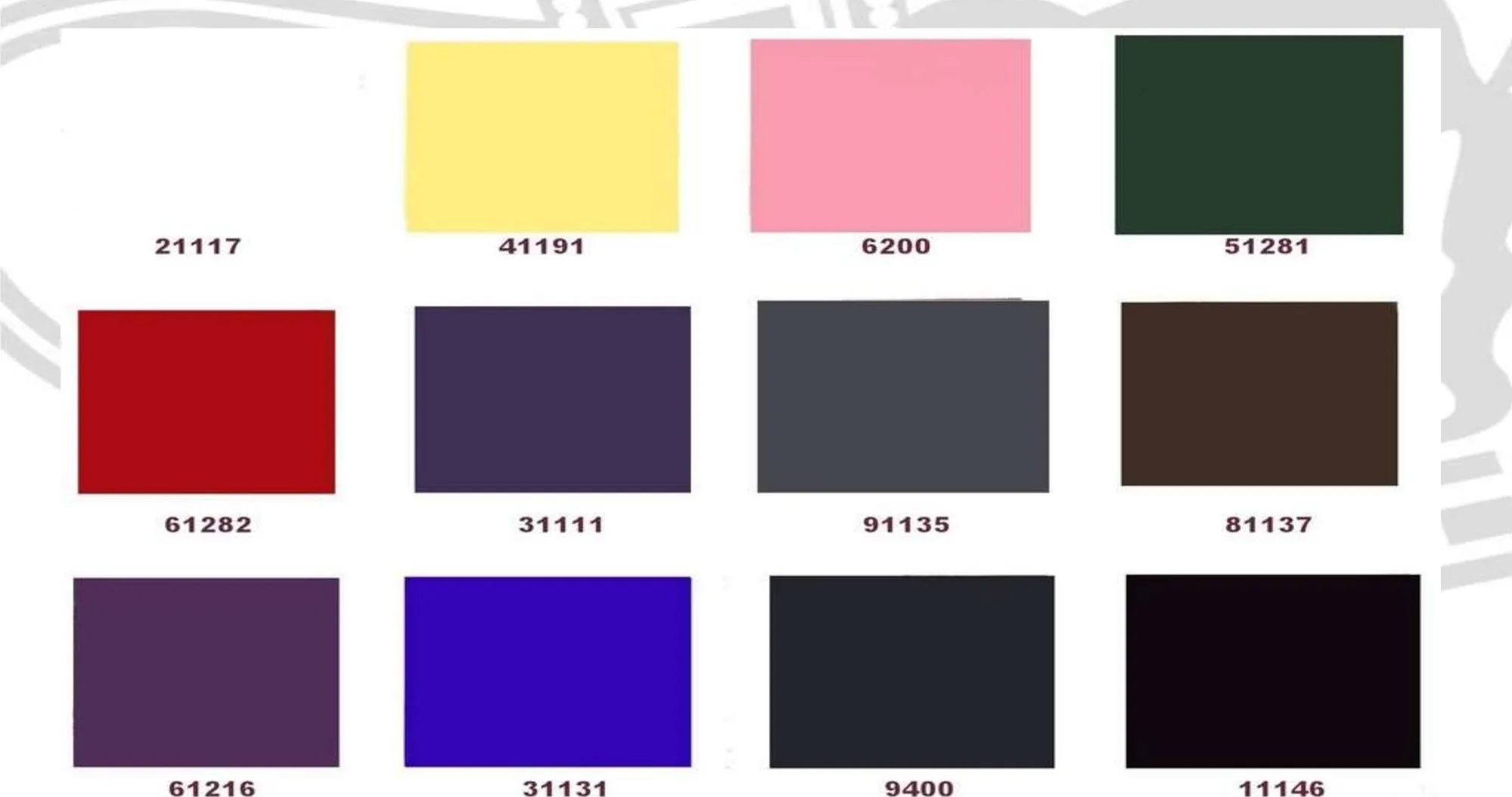 Crown Roll Leaf Matte Pigments colour card, showing all 12 numbers stamped on foil