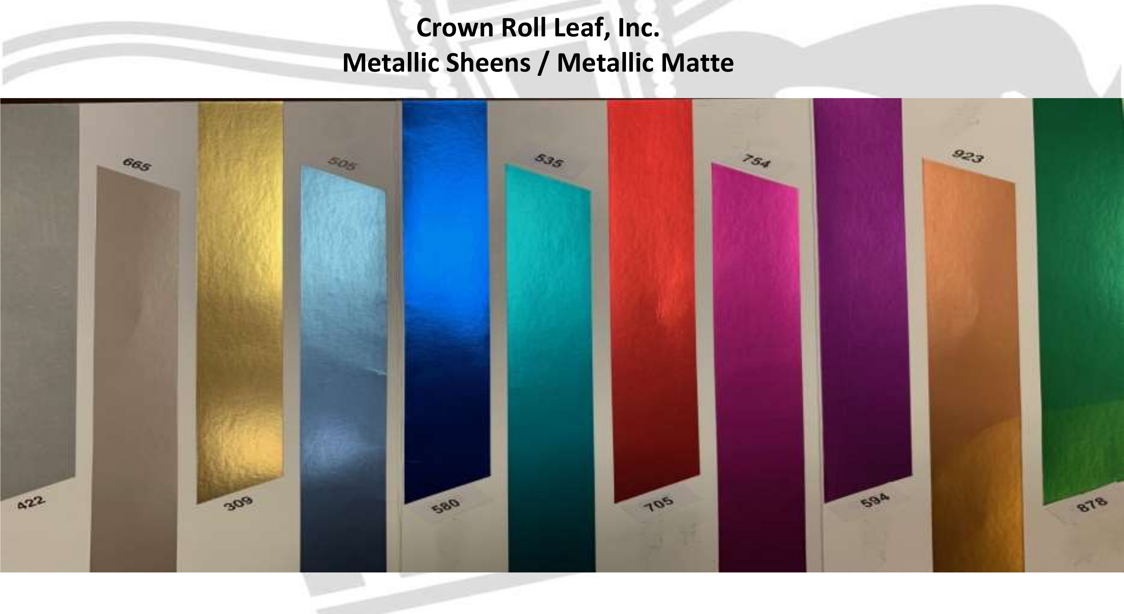 Crown Roll Leaf Metallic Sheens & Metallic Matte colour card, showing all 11 numbers stamped on foil