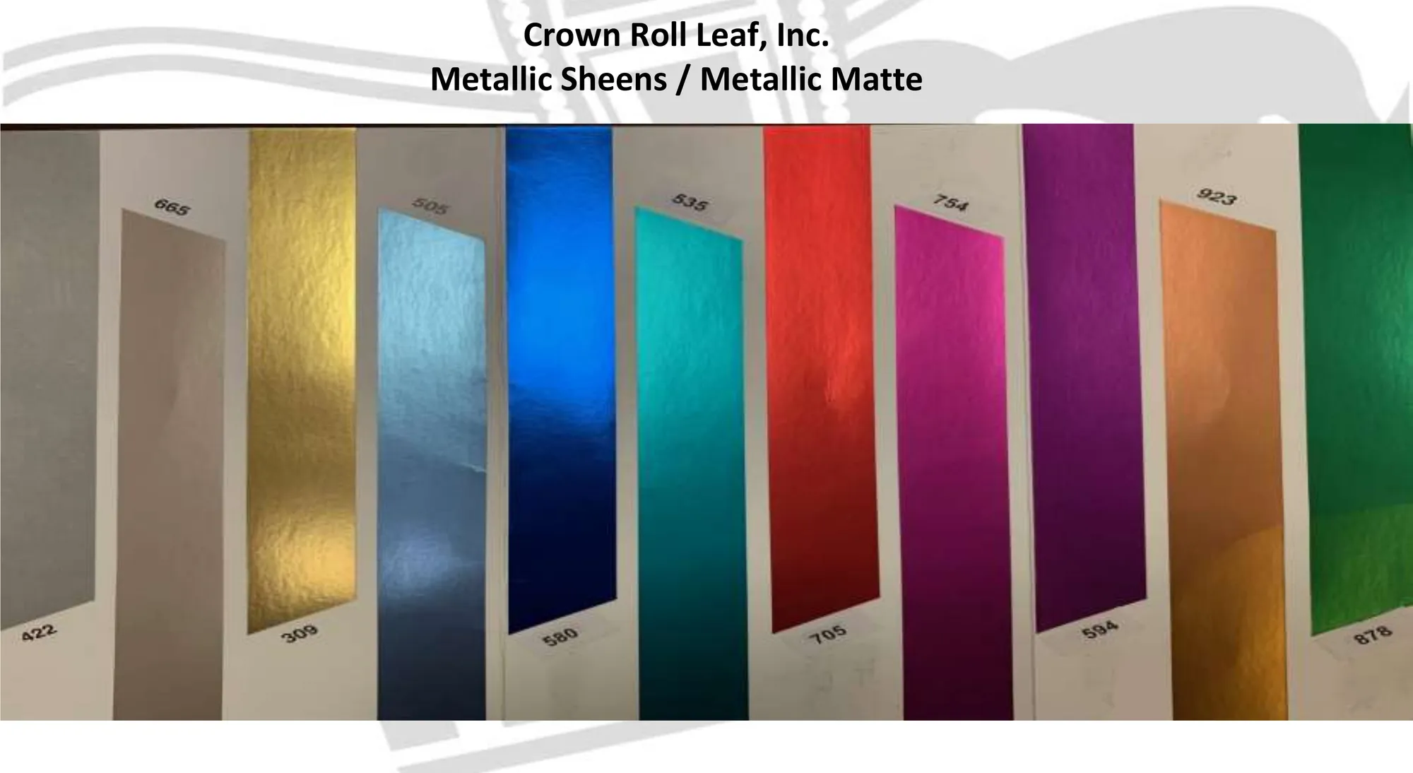 Crown Roll Leaf Metallic Sheens & Metallic Matte colour card, showing all 11 numbers stamped on foil