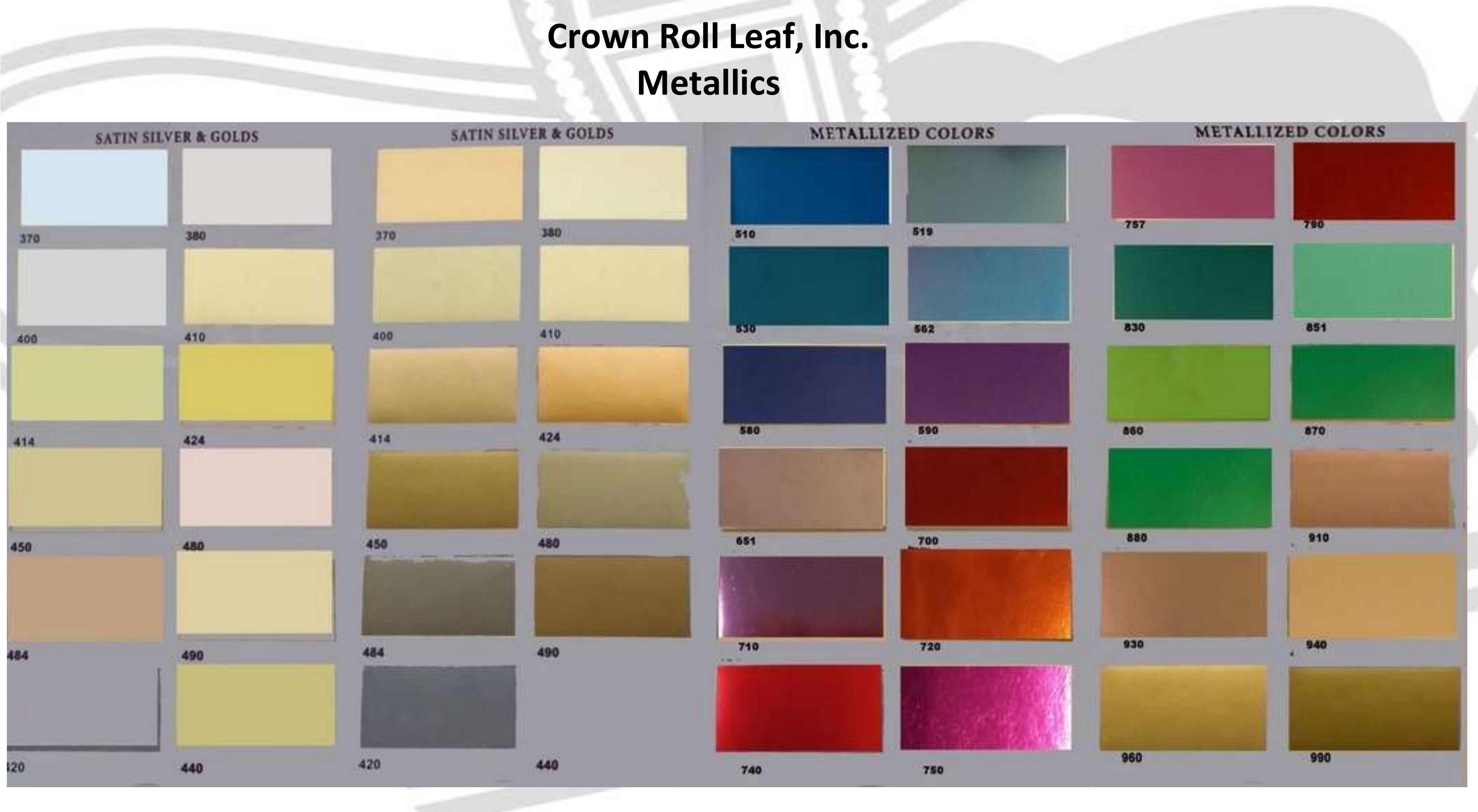 Crown Roll Leaf Satin Silver & Golds colour card, showing all 12 numbers stamped on foil
