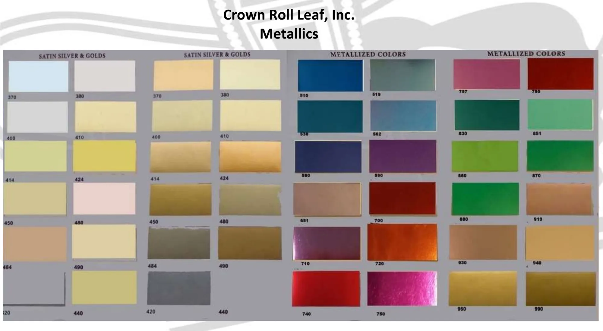 Crown Roll Leaf Metallized Colors colour card, showing all 24 numbers stamped on foil