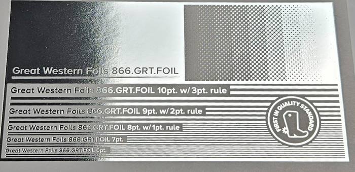 Great Western 110 foil stamped on a test card showing fine-line rules and a halftone ramp