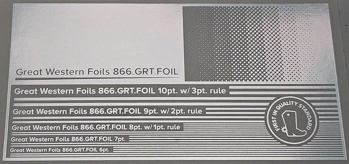 Great Western 111 foil stamped on a test card showing fine-line rules and a halftone ramp