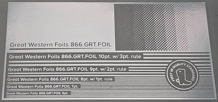 Great Western 111 foil stamped on a test card showing fine-line rules and a halftone ramp