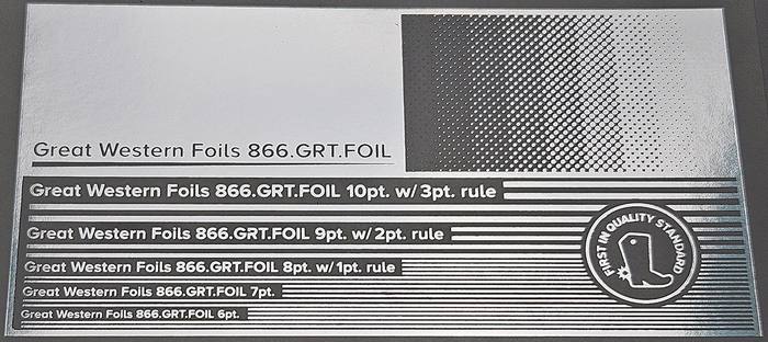 Great Western 112 foil stamped on a test card showing fine-line rules and a halftone ramp
