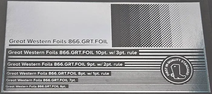 Great Western 112 foil stamped on a test card showing fine-line rules and a halftone ramp