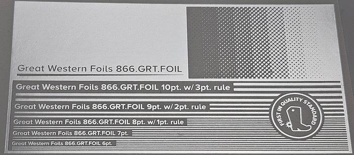Great Western 113 foil stamped on a test card showing fine-line rules and a halftone ramp