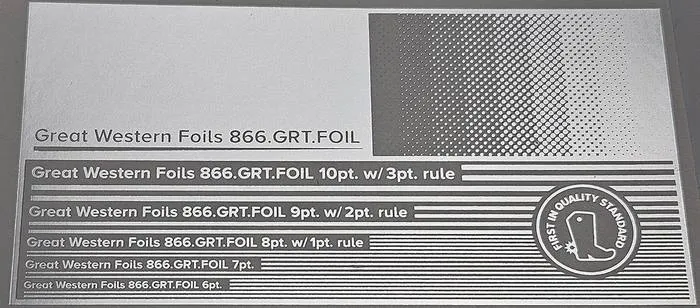 Great Western 113 foil stamped on a test card showing fine-line rules and a halftone ramp