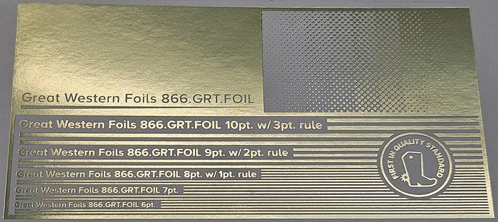 Great Western 114 foil stamped on a test card showing fine-line rules and a halftone ramp