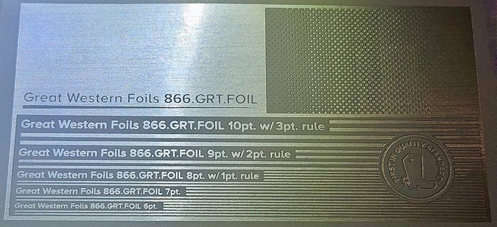 Great Western 212 foil stamped on a test card showing fine-line rules and a halftone ramp