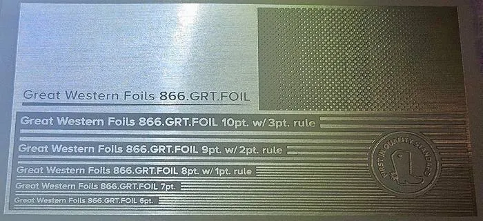 Great Western 212 foil stamped on a test card showing fine-line rules and a halftone ramp