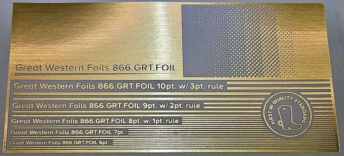 Great Western 231 foil stamped on a test card showing fine-line rules and a halftone ramp