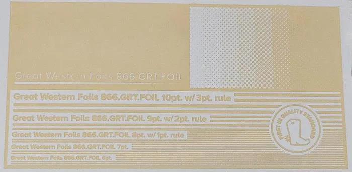 Great Western 310 foil stamped on a test card showing fine-line rules and a halftone ramp