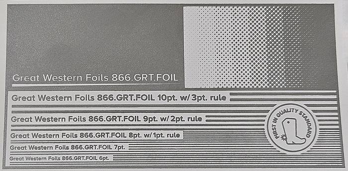 Great Western 311 foil stamped on a test card showing fine-line rules and a halftone ramp