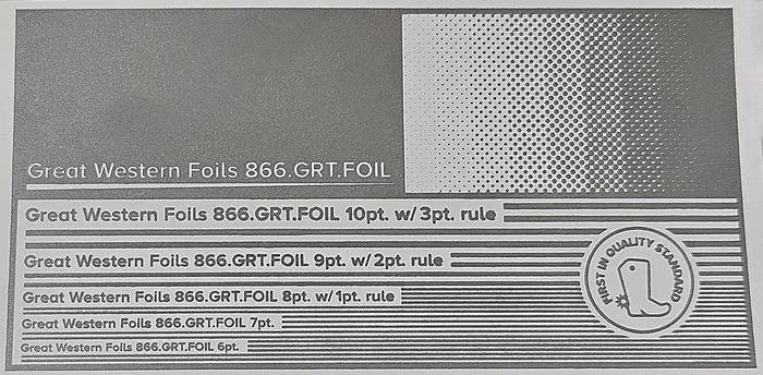 Great Western 311 foil stamped on a test card showing fine-line rules and a halftone ramp