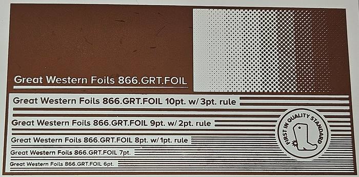 Great Western 315 foil stamped on a test card showing fine-line rules and a halftone ramp