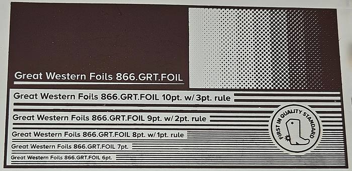 Great Western 317 foil stamped on a test card showing fine-line rules and a halftone ramp