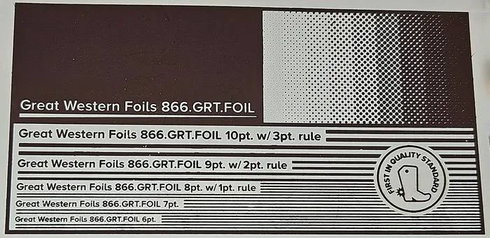 Great Western 317 foil stamped on a test card showing fine-line rules and a halftone ramp