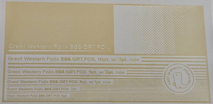 Great Western 409 foil stamped on a test card showing fine-line rules and a halftone ramp
