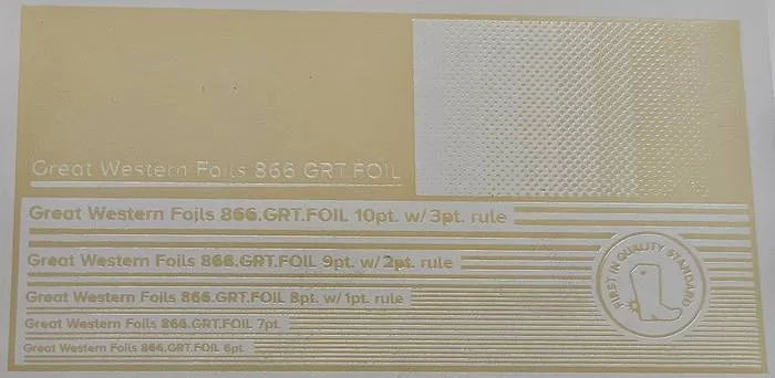 Great Western 409 foil stamped on a test card showing fine-line rules and a halftone ramp