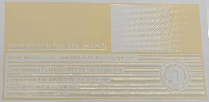 Great Western 410 foil stamped on a test card showing fine-line rules and a halftone ramp