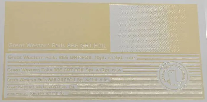 Great Western 410 foil stamped on a test card showing fine-line rules and a halftone ramp
