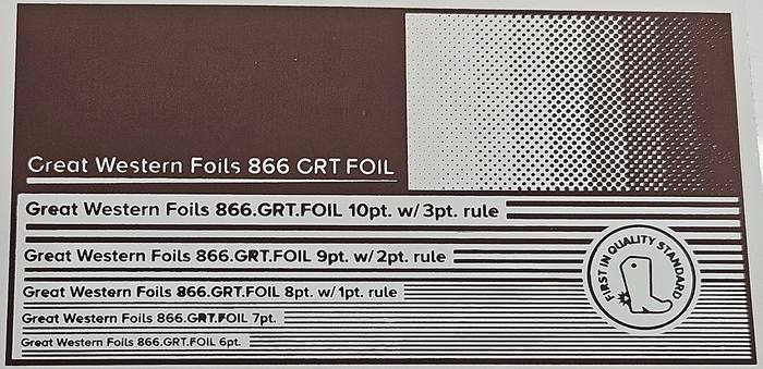 Great Western 416 foil stamped on a test card showing fine-line rules and a halftone ramp
