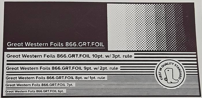 Great Western 417 foil stamped on a test card showing fine-line rules and a halftone ramp